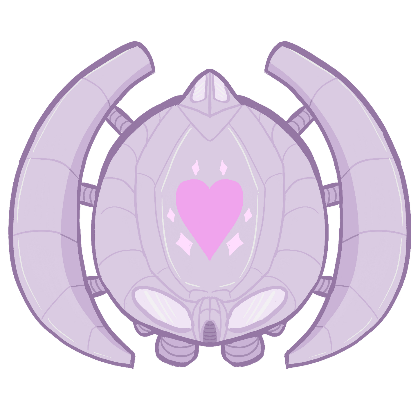 The space freighter known as "the Theatre" A light grey circular space freighter with a pink heart and pale sparkles painted on the top of it.